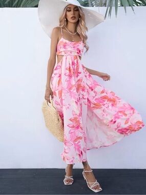 Pink Floral Cutout Maxi Sundress
